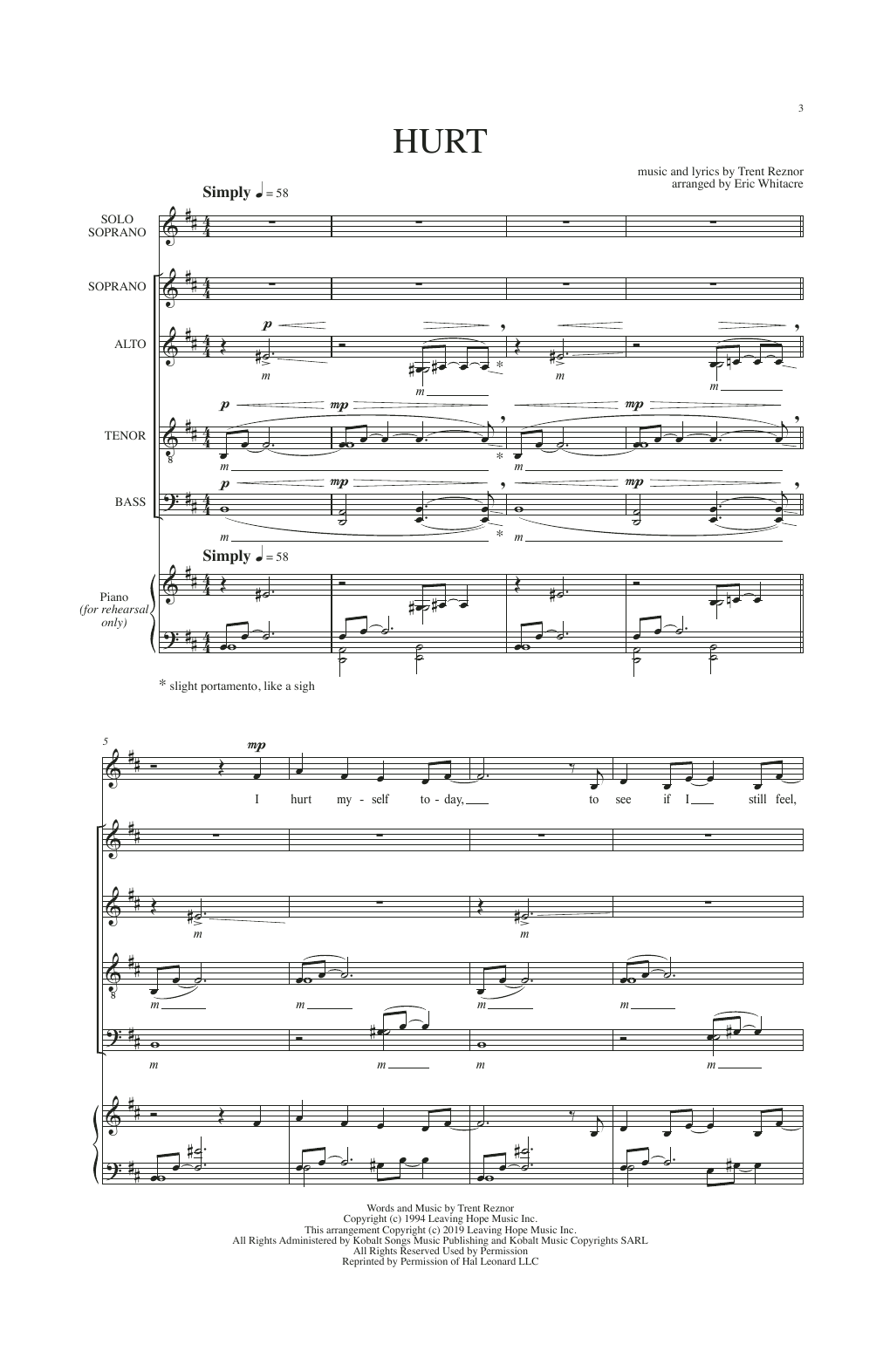 Trent Reznor Hurt (arr. Eric Whitacre) sheet music notes and chords arranged for SATB Choir