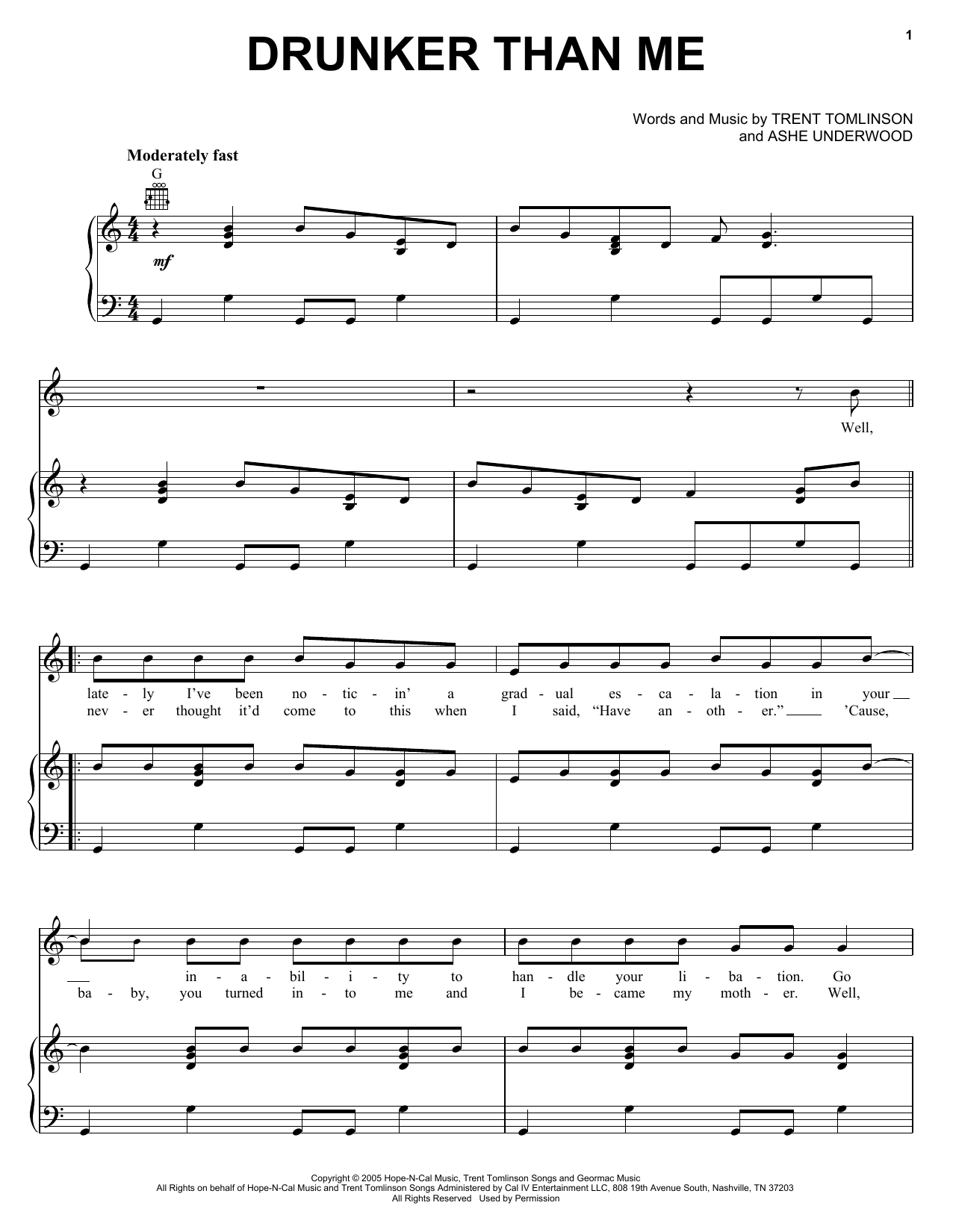 Trent Tomlinson Drunker Than Me sheet music notes and chords arranged for Piano, Vocal & Guitar Chords (Right-Hand Melody)