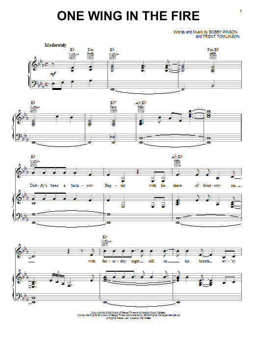 Trent Tomlinson One Wing In The Fire sheet music notes and chords arranged for Piano, Vocal & Guitar Chords (Right-Hand Melody)