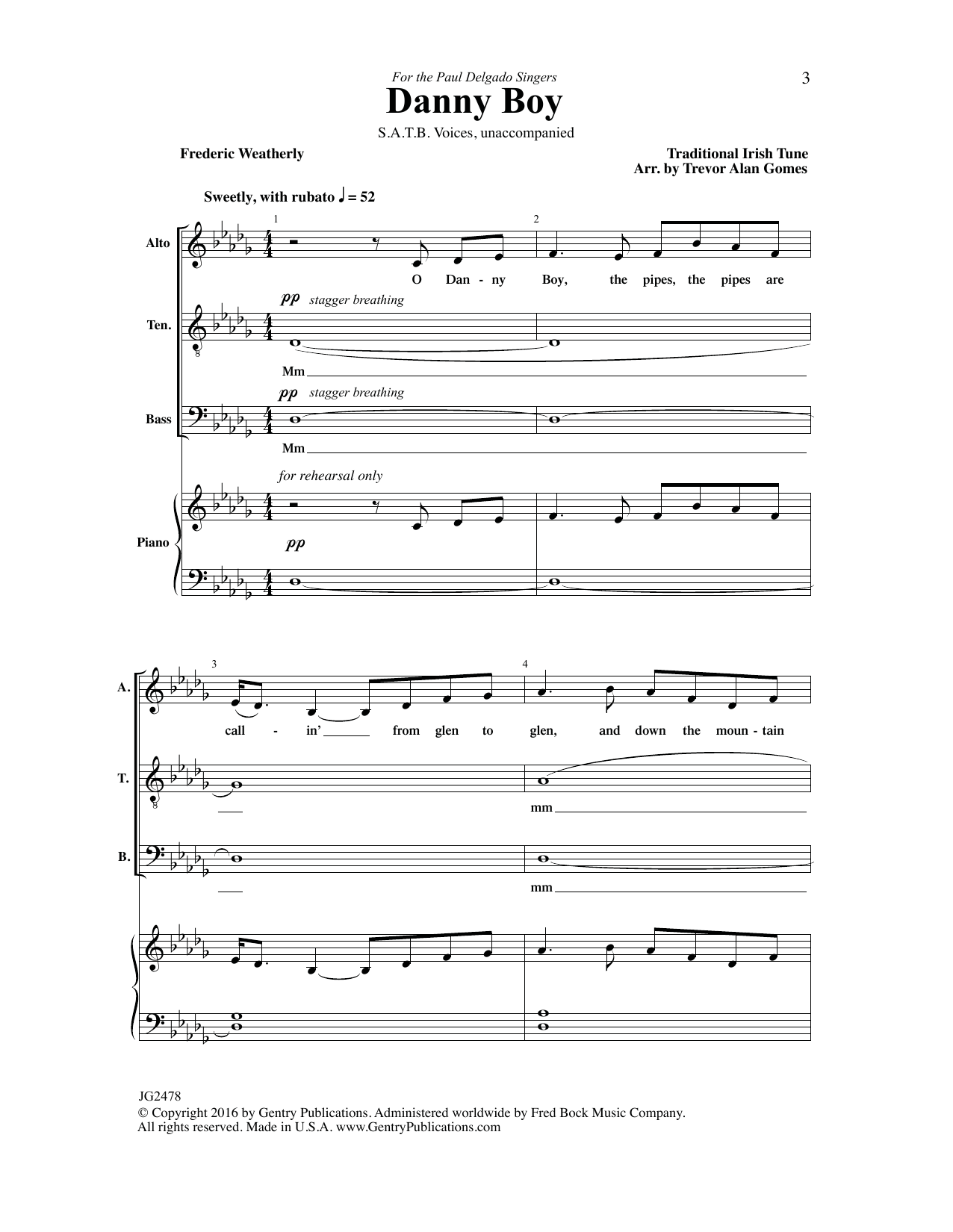 Trevor Alan Gomes Danny Boy sheet music notes and chords arranged for SATB Choir