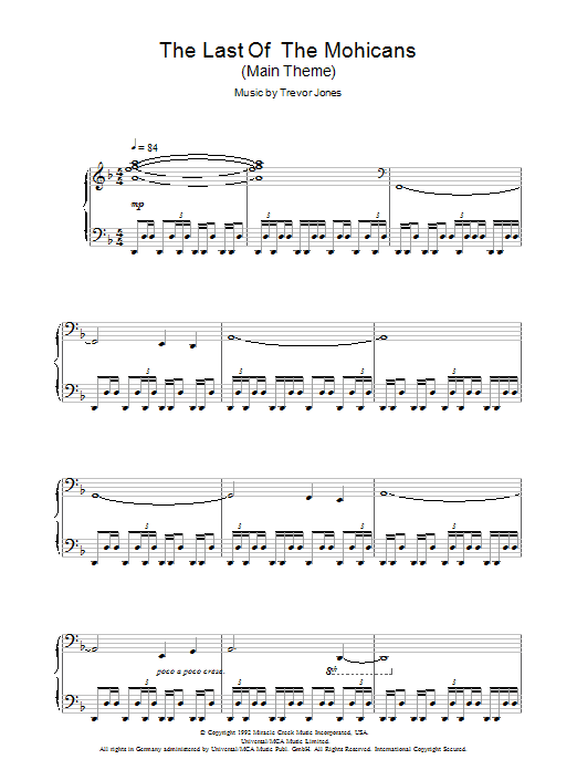 Trevor Jones The Last Of The Mohicans (Main Title) sheet music notes and chords arranged for Piano Chords/Lyrics