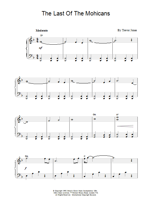 Trevor Jones The Last of the Mohicans sheet music notes and chords arranged for Piano Solo