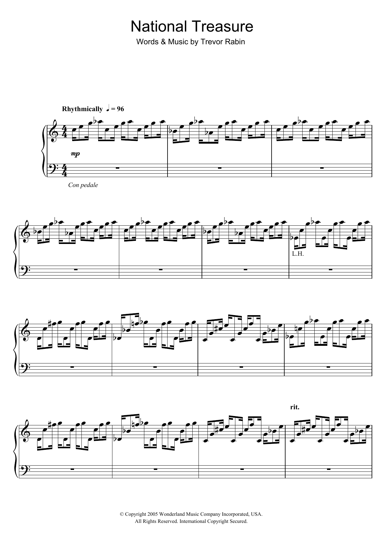 Trevor Rabin National Treasure (National Treasure Suite/Ben/Treasure) sheet music notes and chords arranged for Piano Solo
