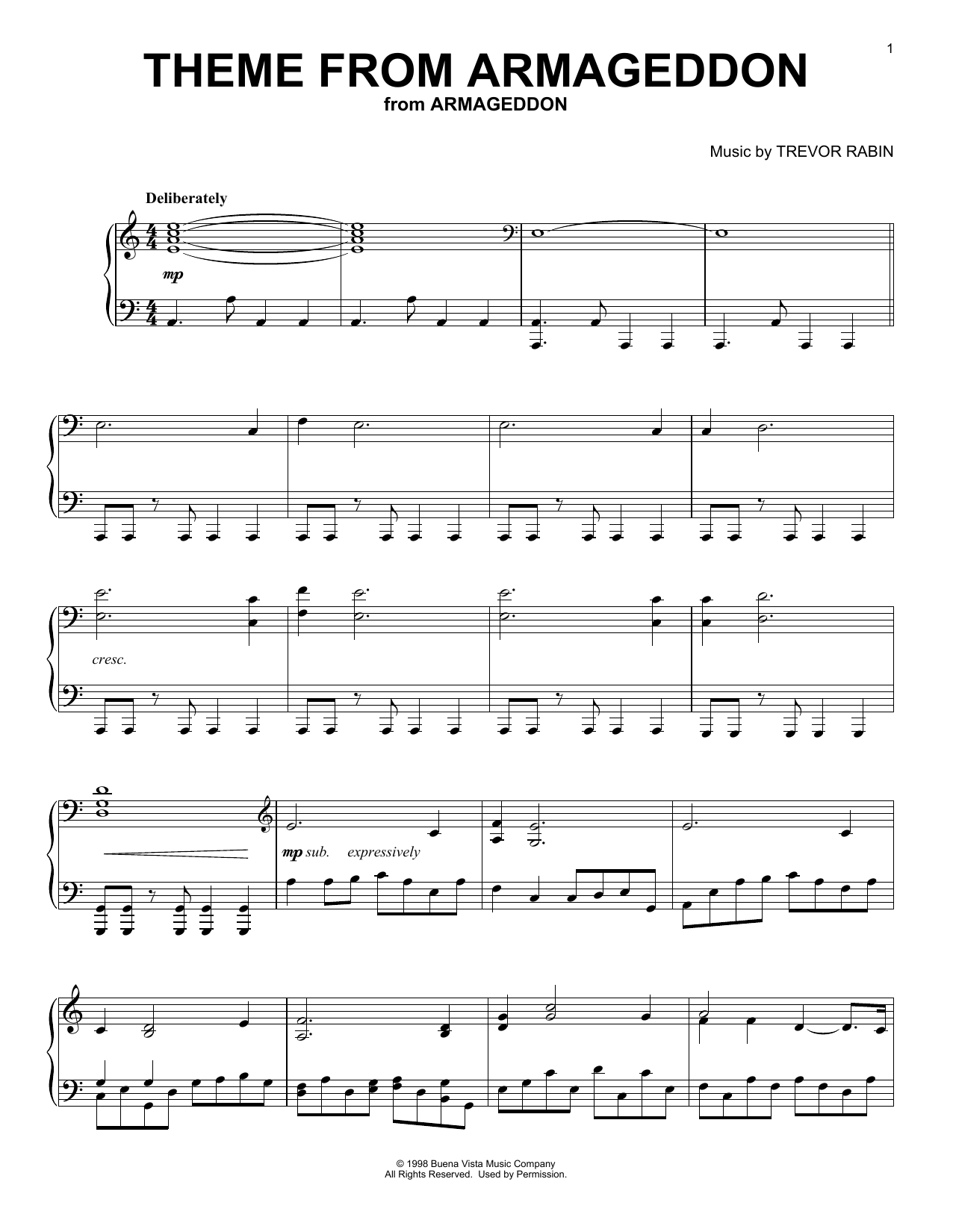 Trevor Rabin Theme From Armageddon sheet music notes and chords arranged for Piano Solo