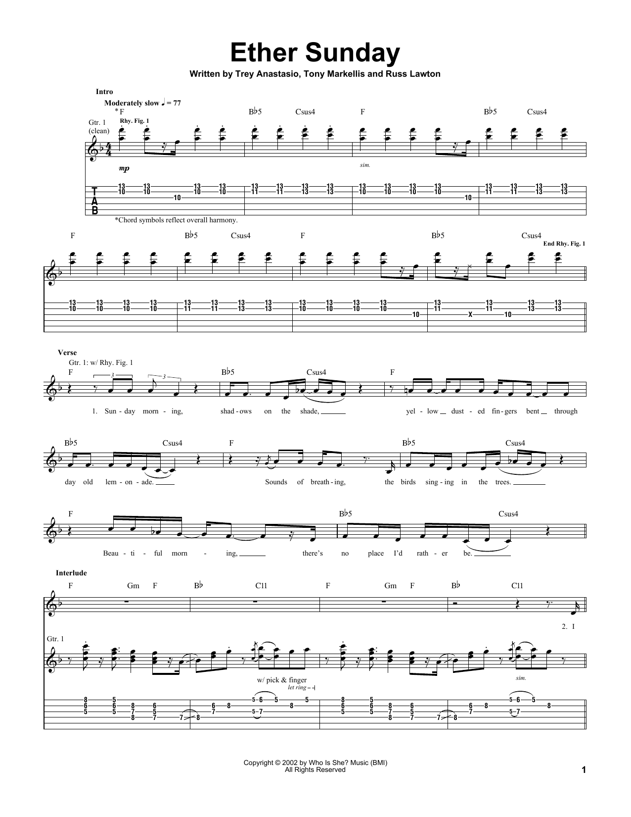 Trey Anastasio Ether Sunday sheet music notes and chords arranged for Guitar Tab
