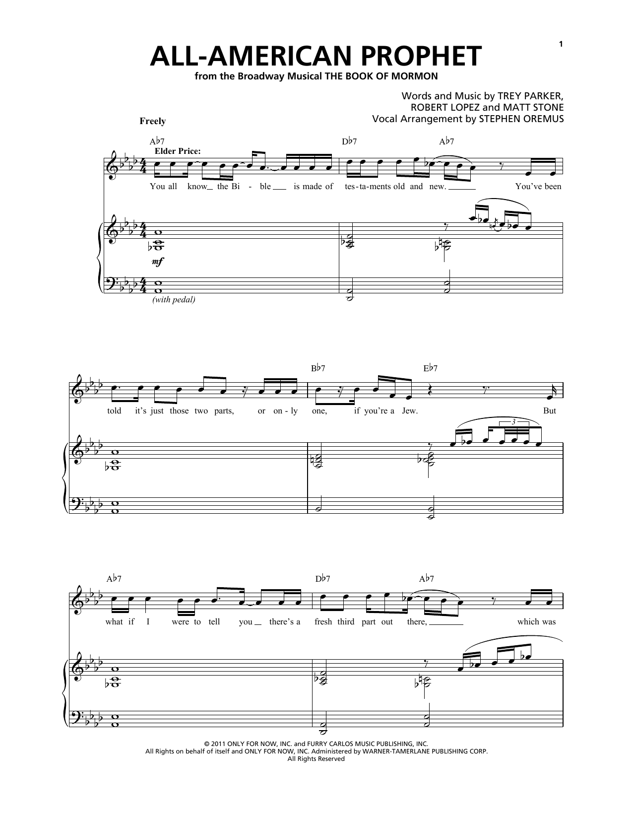 Trey Parker & Matt Stone All-American Prophet sheet music notes and chords arranged for Piano & Vocal