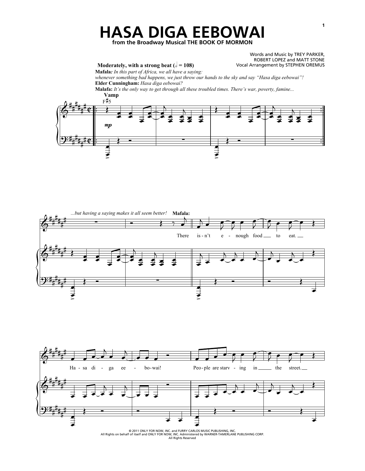 Trey Parker & Matt Stone Hasa Diga Eebowai sheet music notes and chords arranged for Piano & Vocal