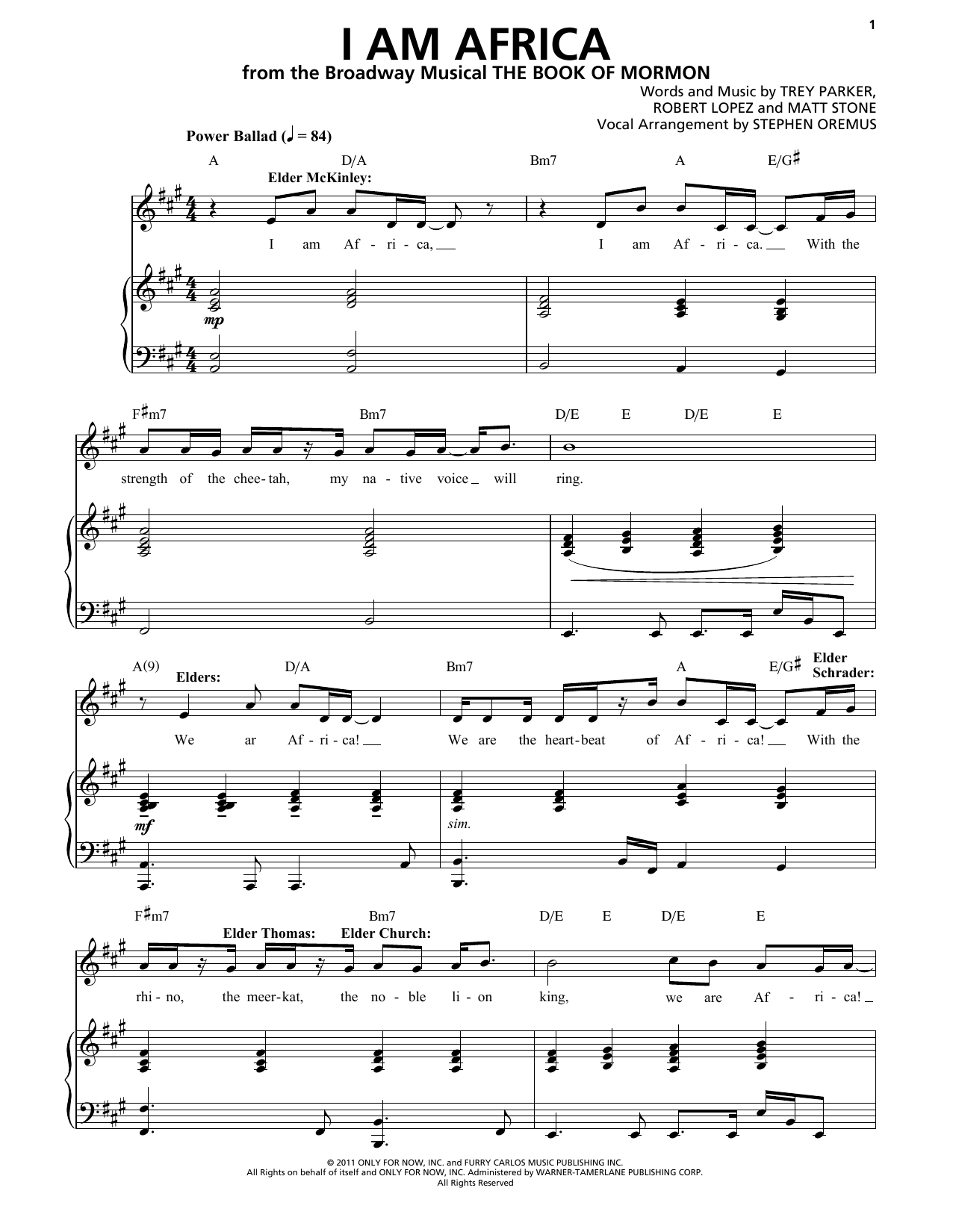 Trey Parker & Matt Stone I Am Africa sheet music notes and chords arranged for Piano & Vocal