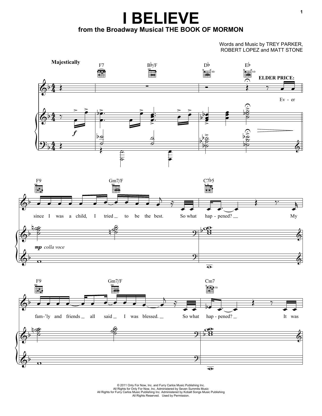Trey Parker & Matt Stone I Believe (from The Book of Mormon) sheet music notes and chords arranged for Vocal Pro + Piano/Guitar