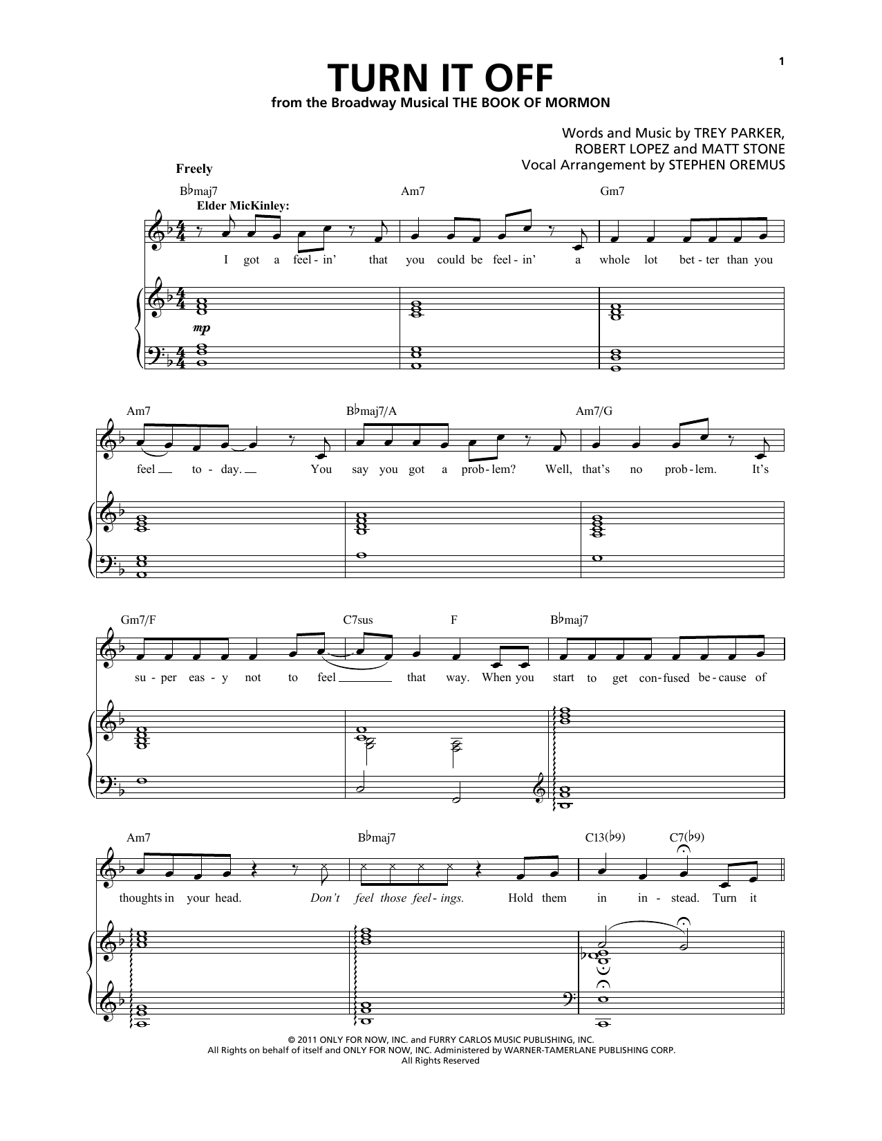 Trey Parker & Matt Stone Turn It Off sheet music notes and chords arranged for Piano & Vocal