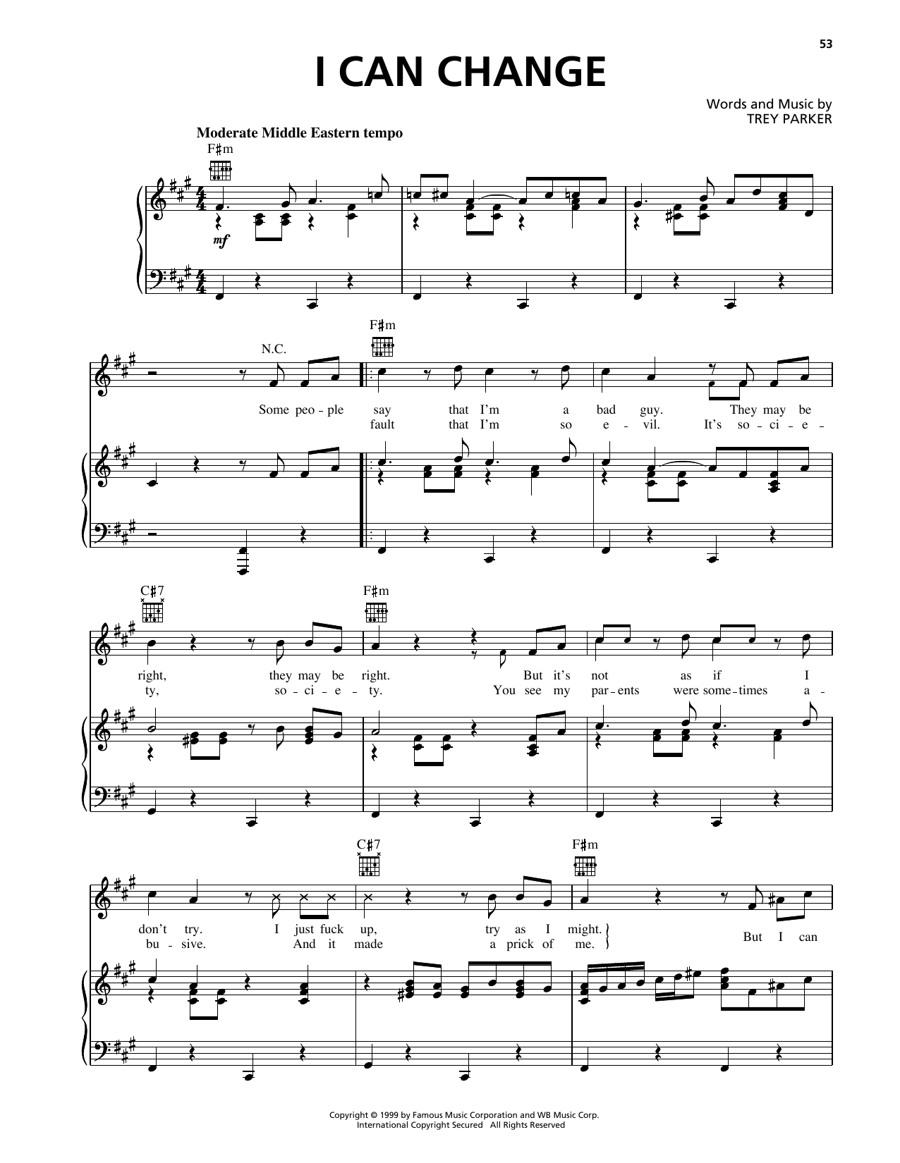 Trey Parker I Can Change (from South Park) sheet music notes and chords arranged for Piano, Vocal & Guitar Chords (Right-Hand Melody)