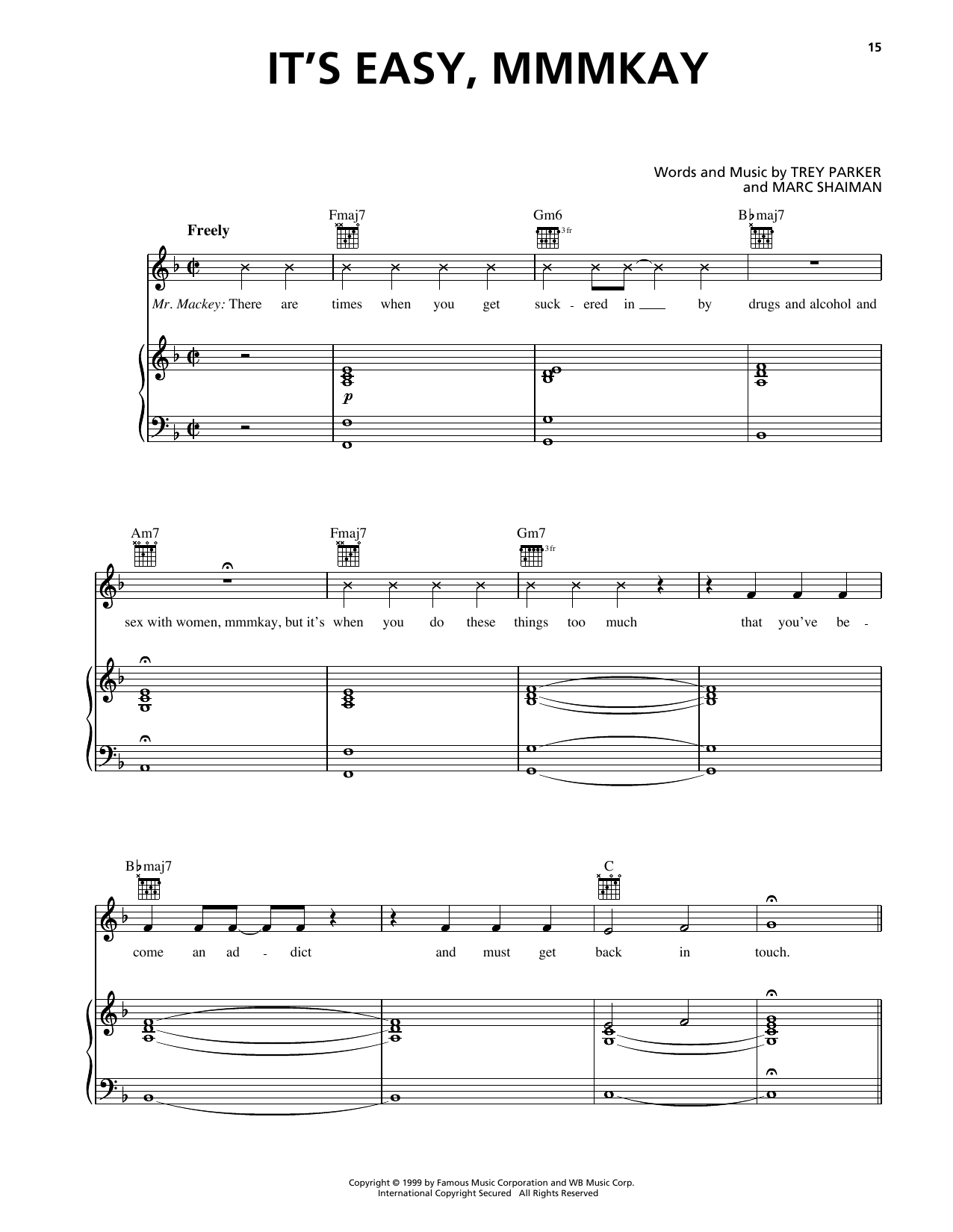 Trey Parker It's Easy, Mmmkay (from South Park) sheet music notes and chords arranged for Piano, Vocal & Guitar Chords (Right-Hand Melody)