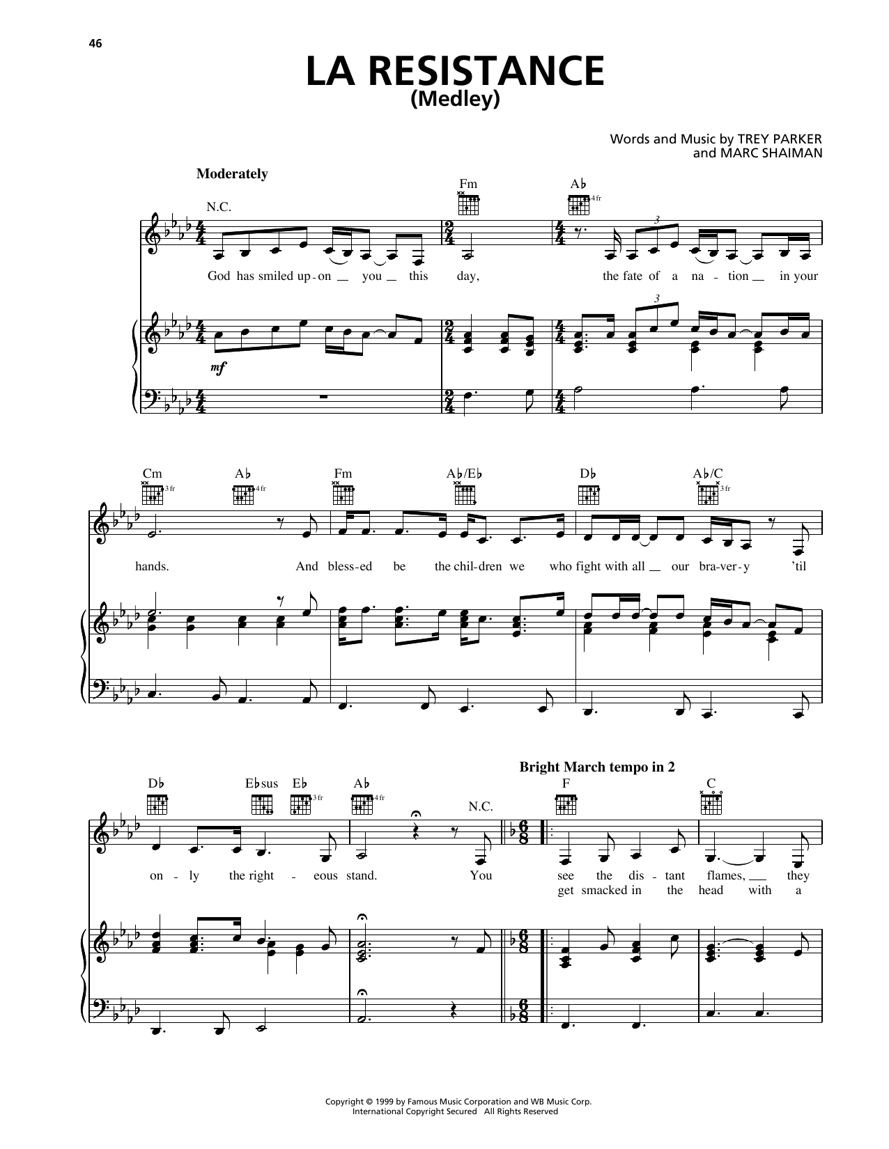 Trey Parker La Resistance (Medley) (from South Park) sheet music notes and chords arranged for Piano, Vocal & Guitar Chords (Right-Hand Melody)