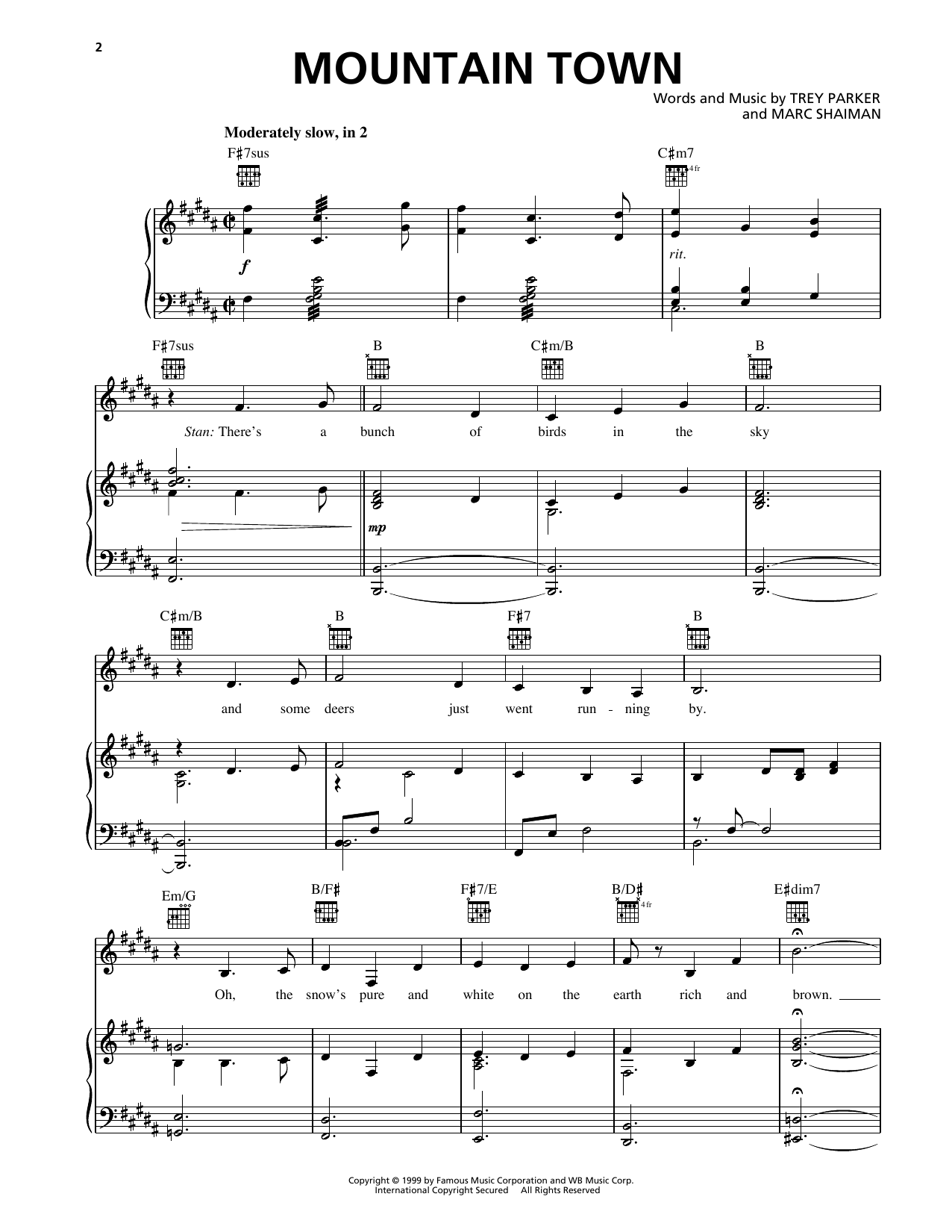 Trey Parker Mountain Town (from South Park) sheet music notes and chords arranged for Piano, Vocal & Guitar Chords (Right-Hand Melody)