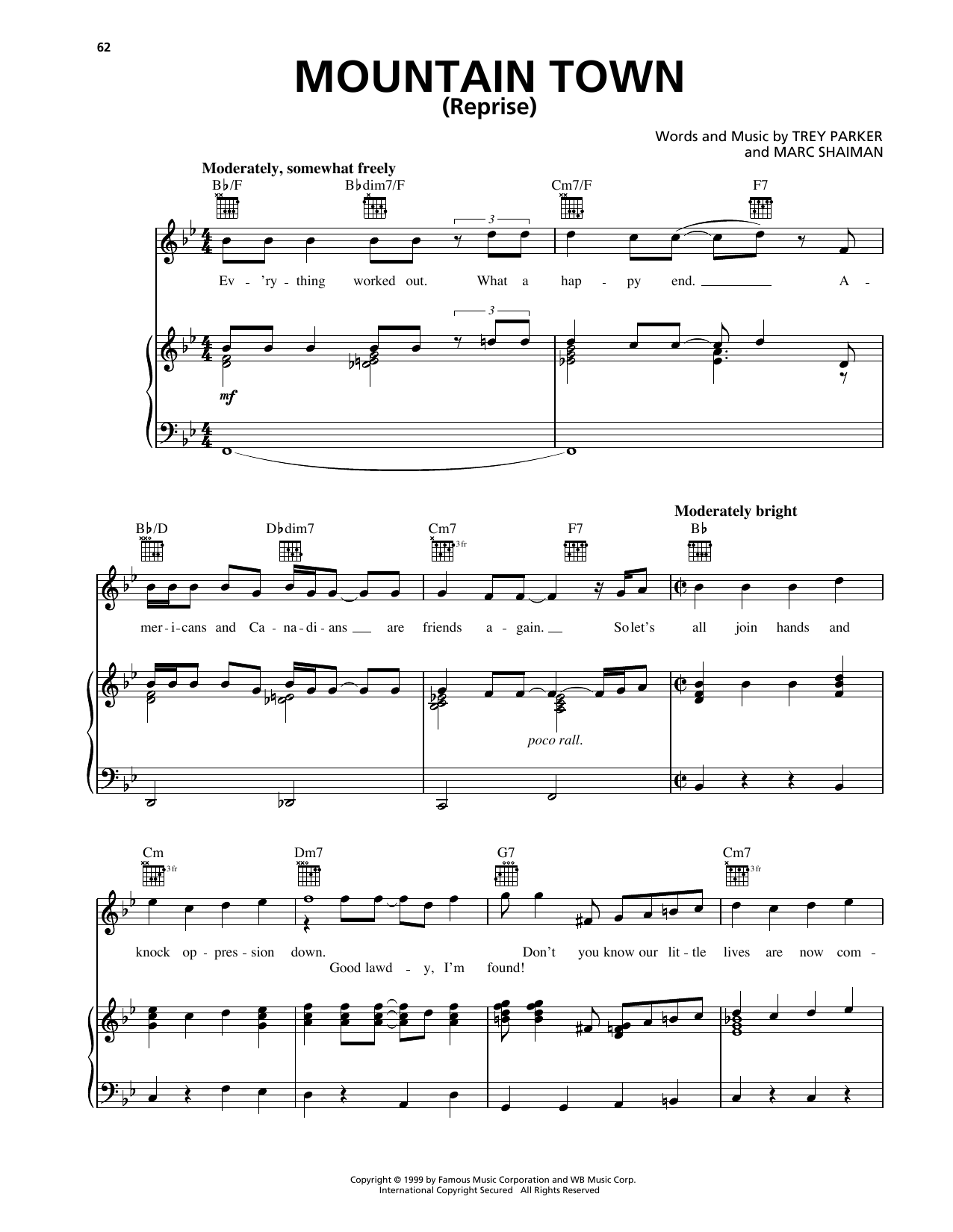Trey Parker Mountain Town (Reprise) (from South Park) sheet music notes and chords arranged for Piano, Vocal & Guitar Chords (Right-Hand Melody)