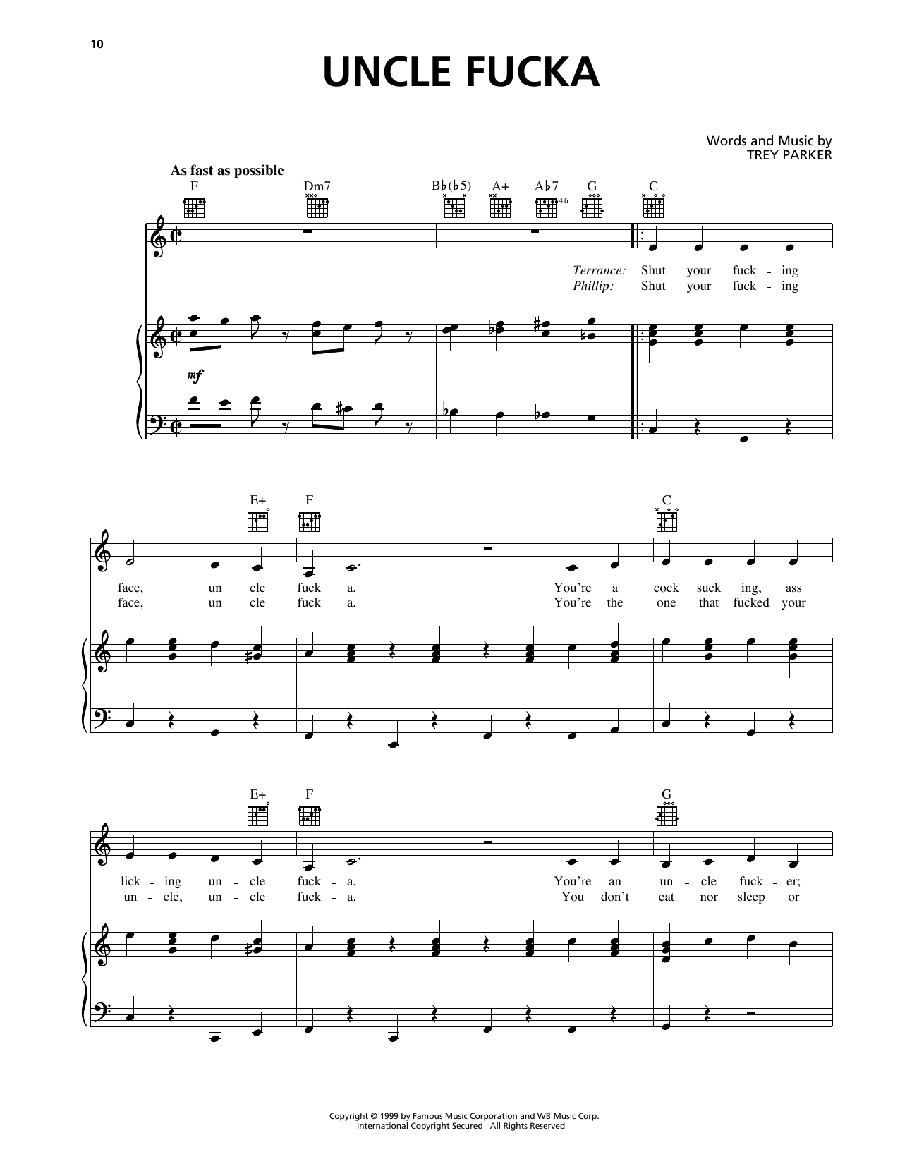 Trey Parker Uncle Fucka (from South Park) sheet music notes and chords arranged for Piano, Vocal & Guitar Chords (Right-Hand Melody)