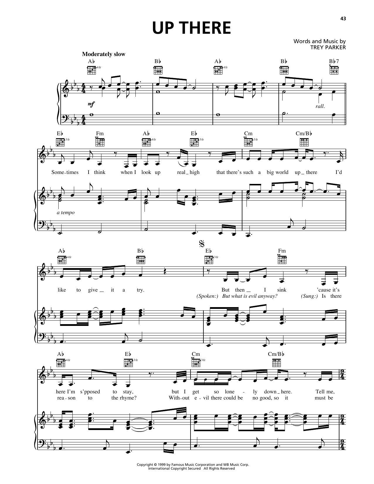 Trey Parker Up There (from South Park) sheet music notes and chords arranged for Piano, Vocal & Guitar Chords (Right-Hand Melody)