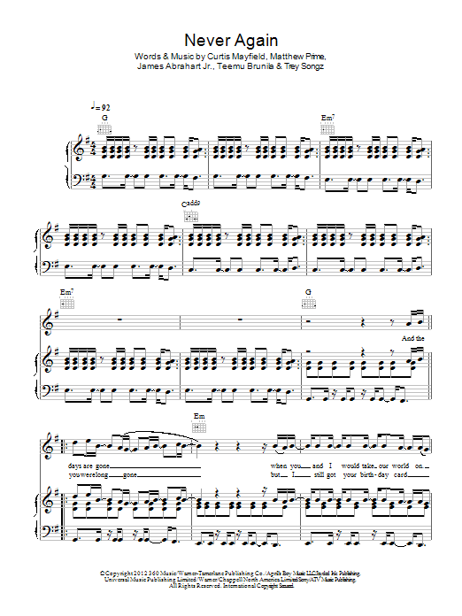 Trey Songz Never Again sheet music notes and chords arranged for Piano, Vocal & Guitar Chords