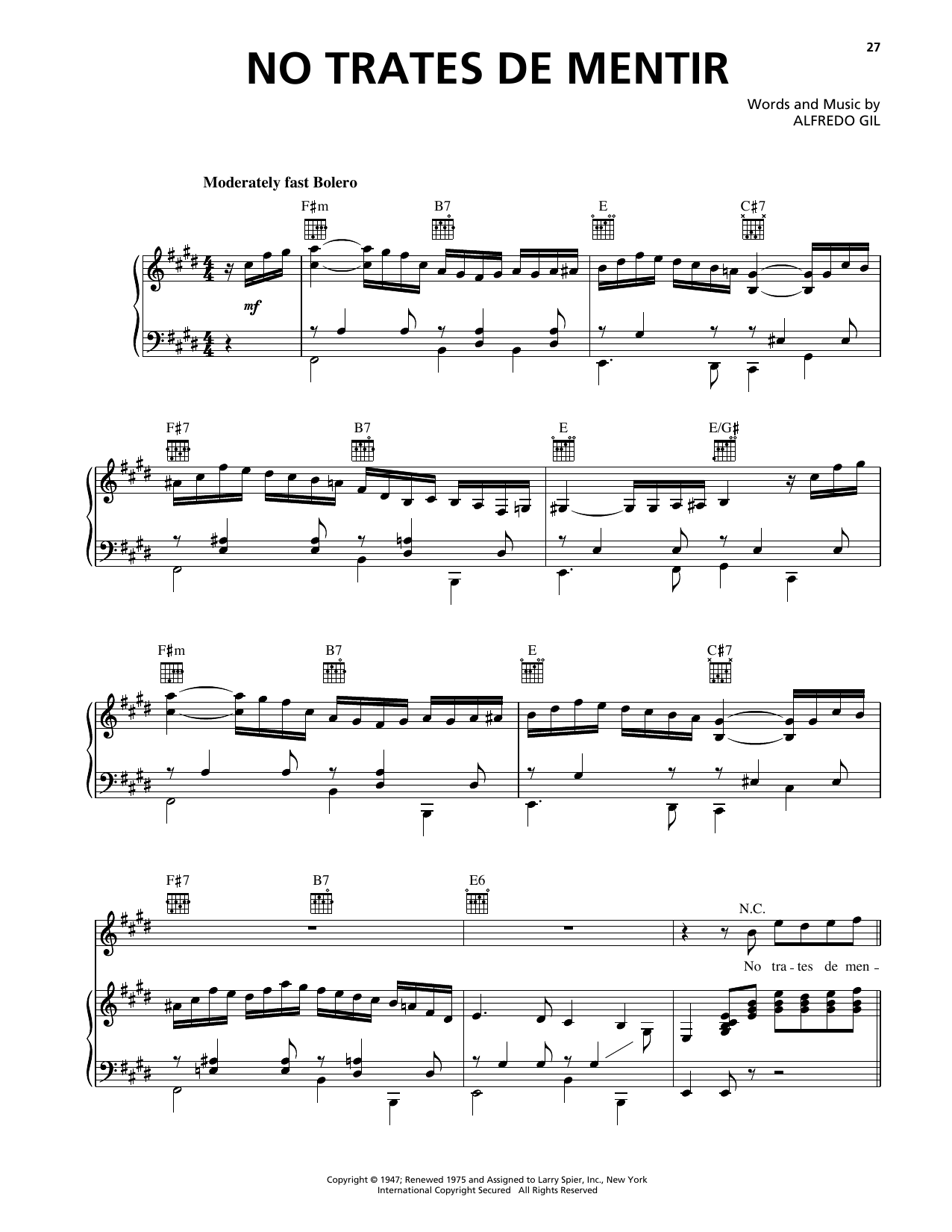 Trio Los Panchos No Trates De Mentir sheet music notes and chords arranged for Piano, Vocal & Guitar Chords (Right-Hand Melody)