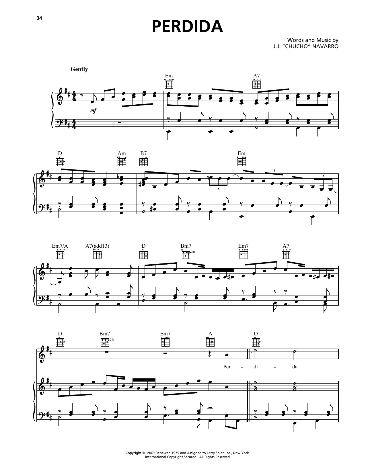 Trio Los Panchos Perdida sheet music notes and chords arranged for Piano, Vocal & Guitar Chords (Right-Hand Melody)