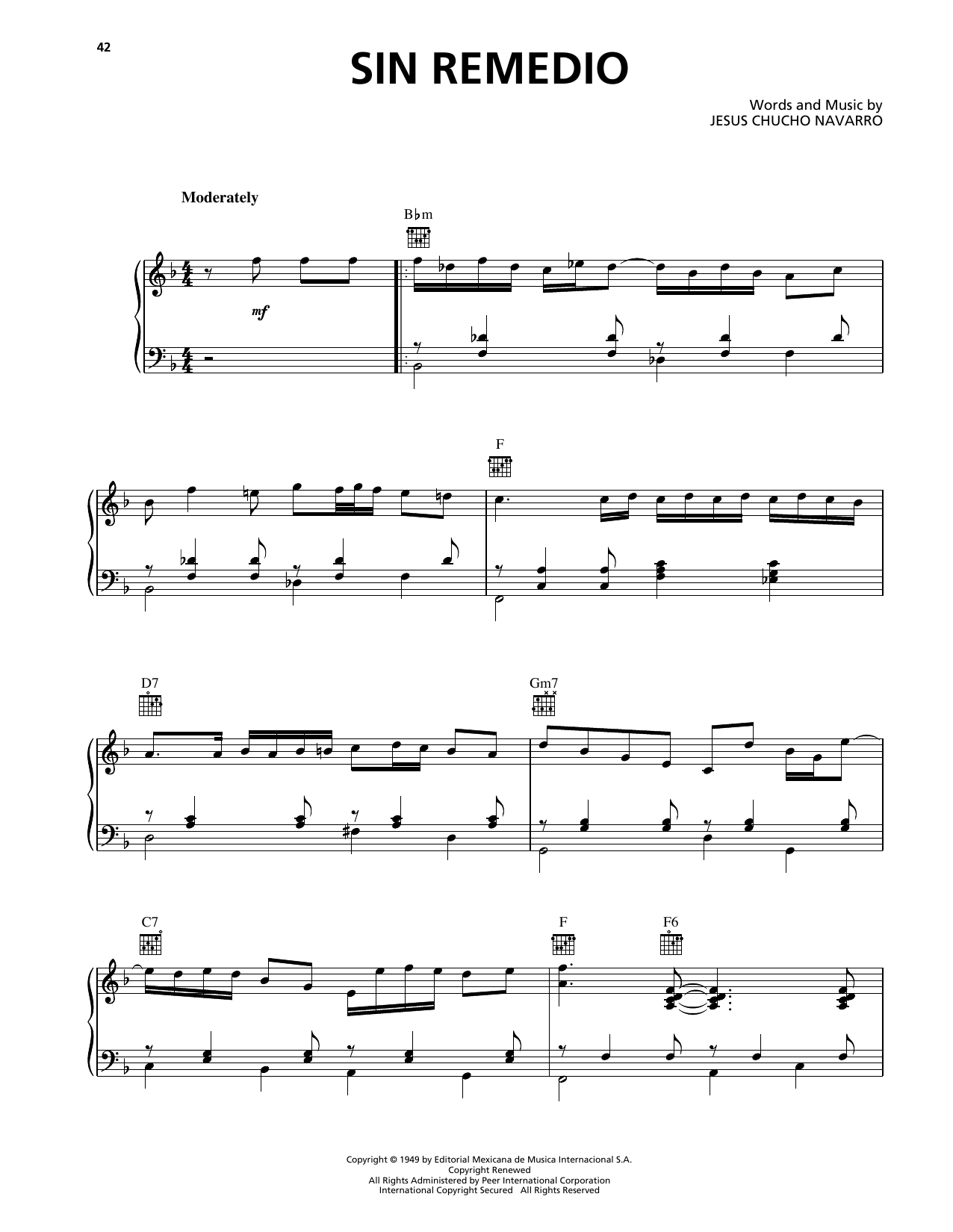 Trio Los Panchos Sin Remedio sheet music notes and chords arranged for Piano, Vocal & Guitar Chords (Right-Hand Melody)