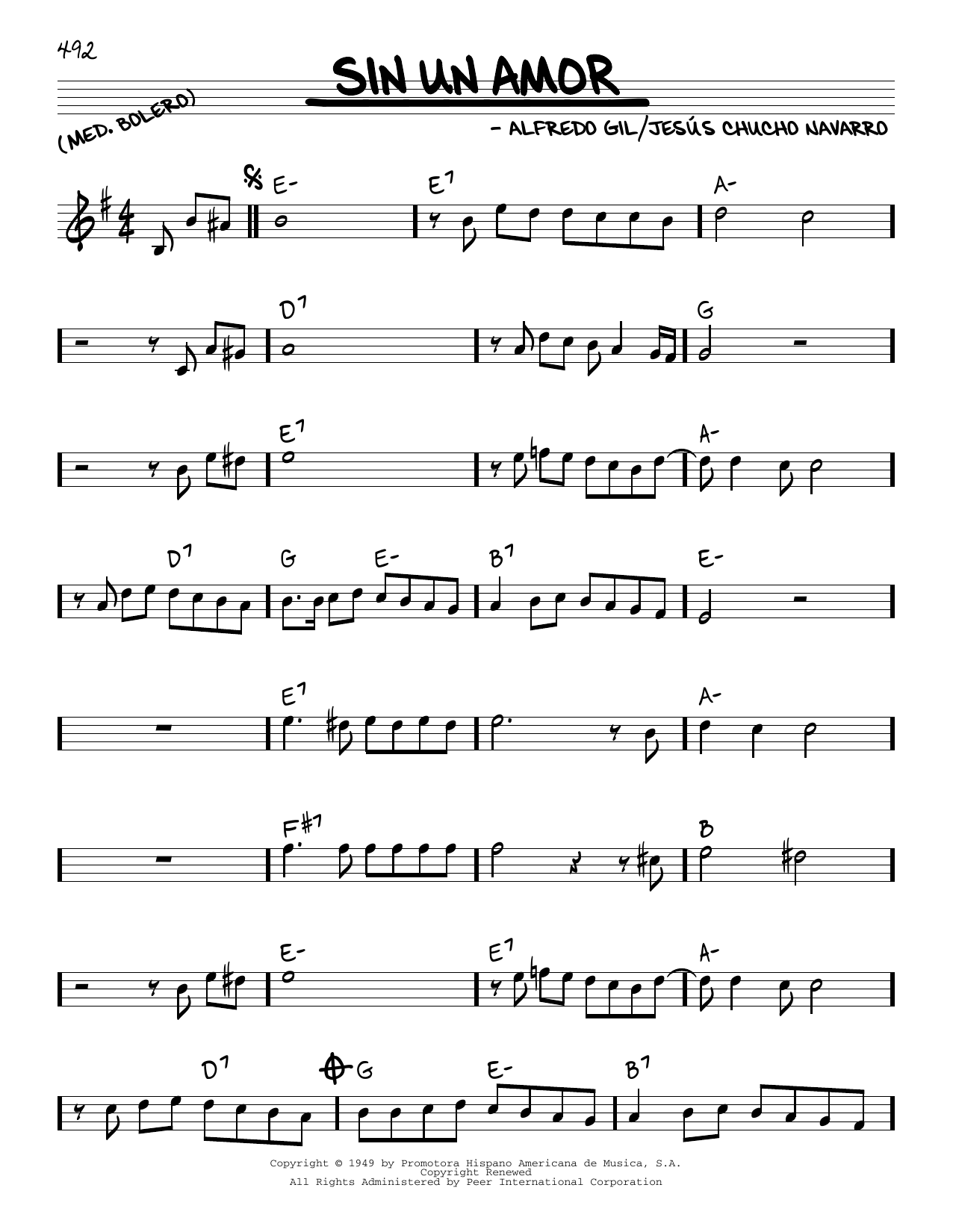 Trio Los Panchos Sin Un Amor sheet music notes and chords arranged for Real Book – Melody & Chords