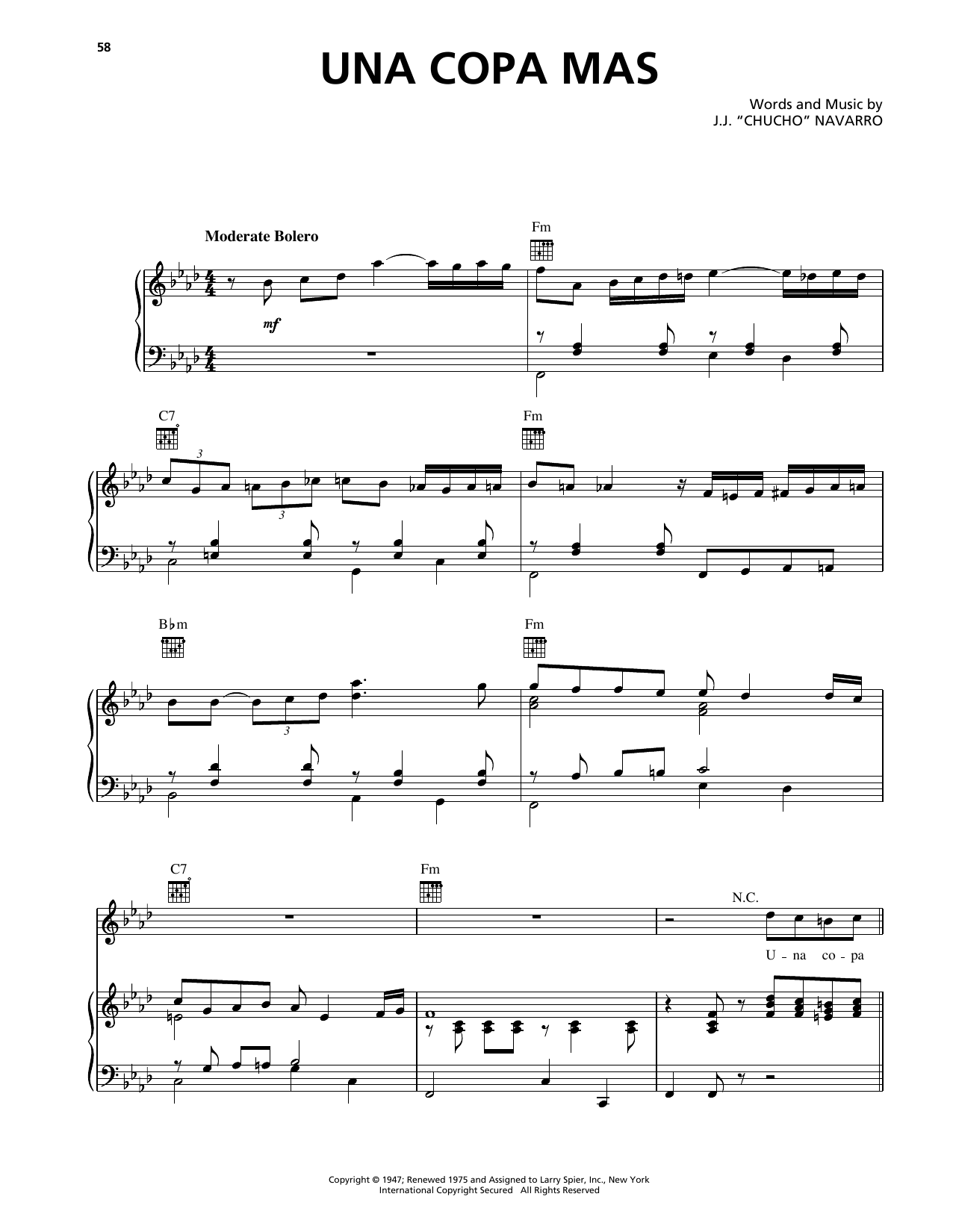 Trio Los Panchos Una Copa Mas sheet music notes and chords arranged for Piano, Vocal & Guitar Chords (Right-Hand Melody)