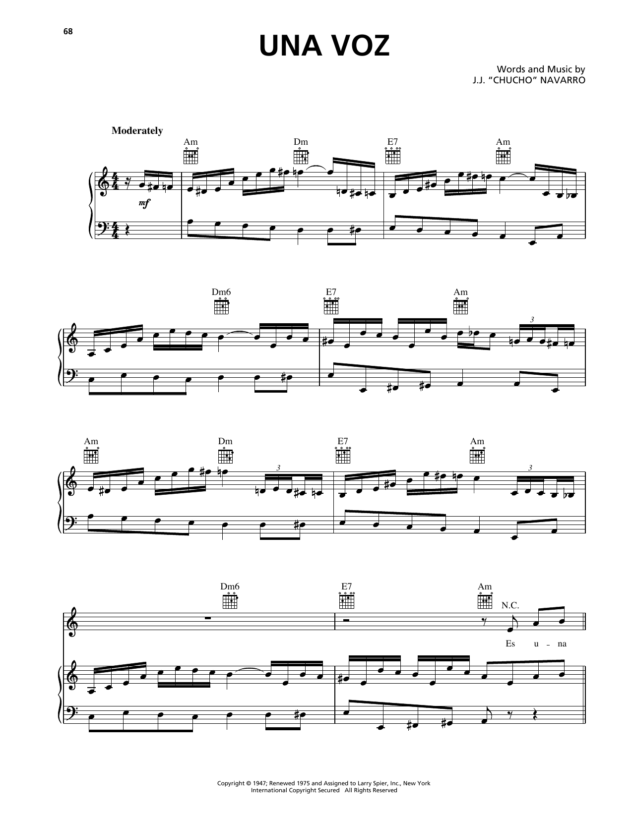 Trio Los Panchos Una Voz sheet music notes and chords arranged for Piano, Vocal & Guitar Chords (Right-Hand Melody)
