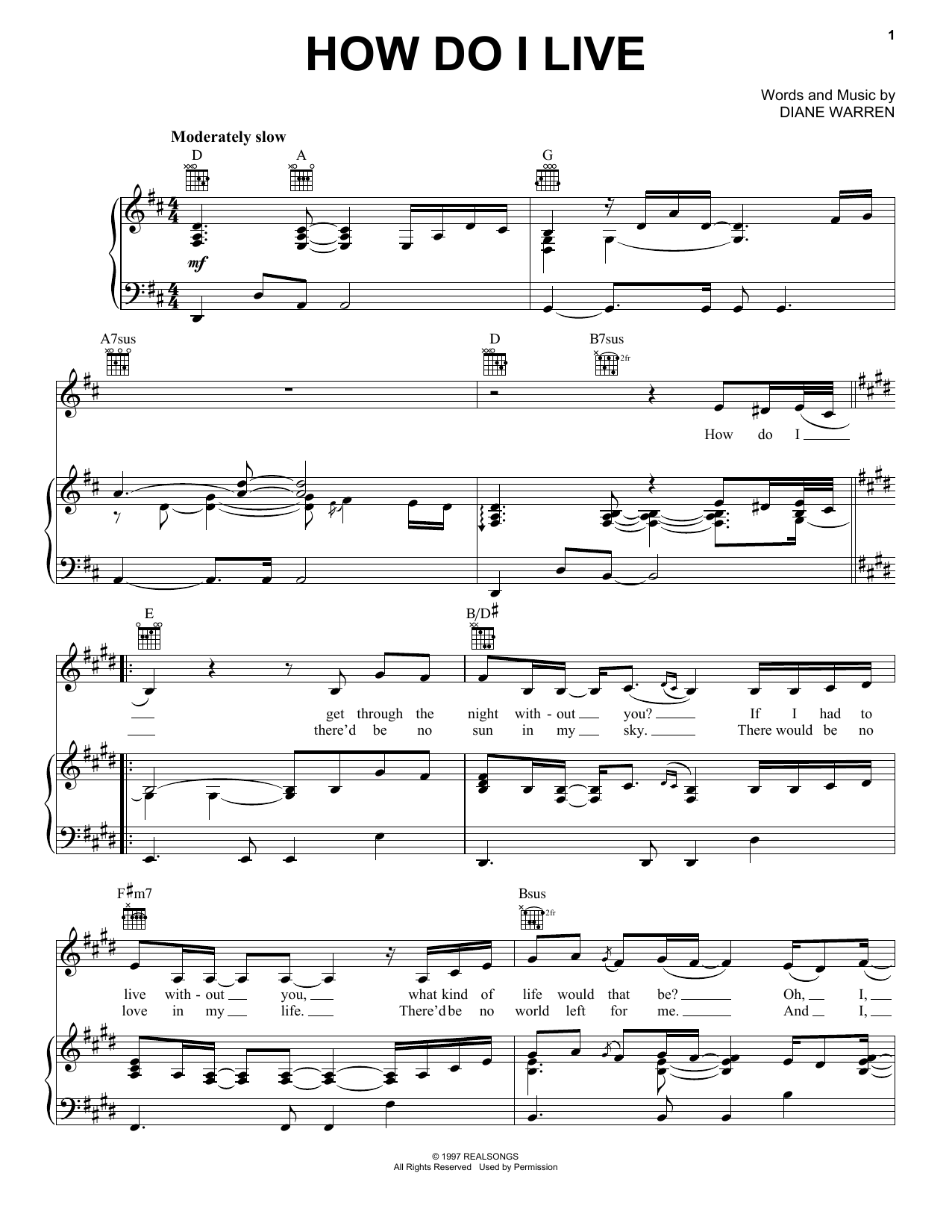 Trisha Yearwood How Do I Live sheet music notes and chords arranged for Piano, Vocal & Guitar Chords (Right-Hand Melody)