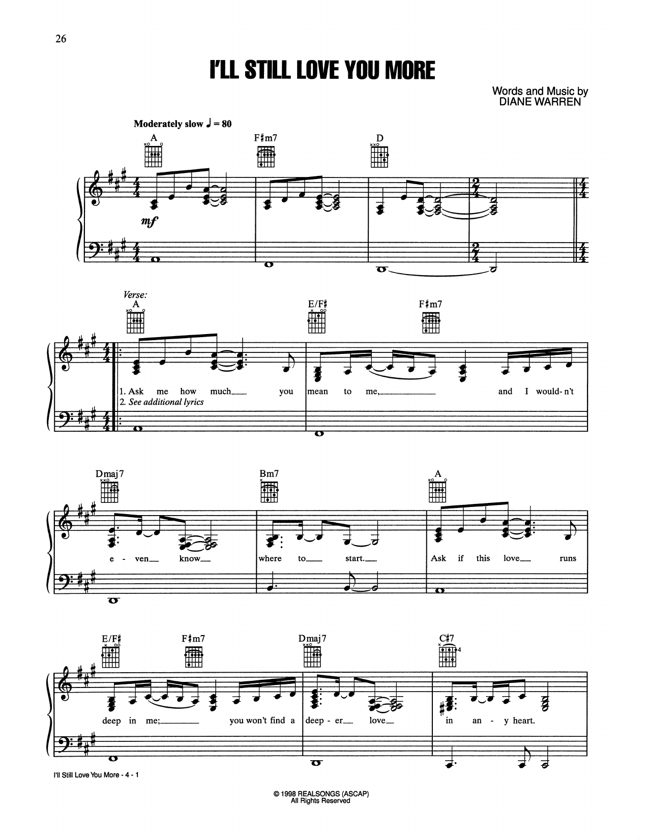 Trisha Yearwood I'll Still Love You More sheet music notes and chords arranged for Piano, Vocal & Guitar Chords (Right-Hand Melody)