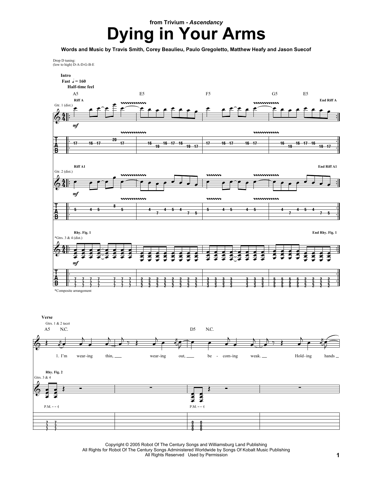 Trivium Dying In Your Arms sheet music notes and chords arranged for Guitar Tab