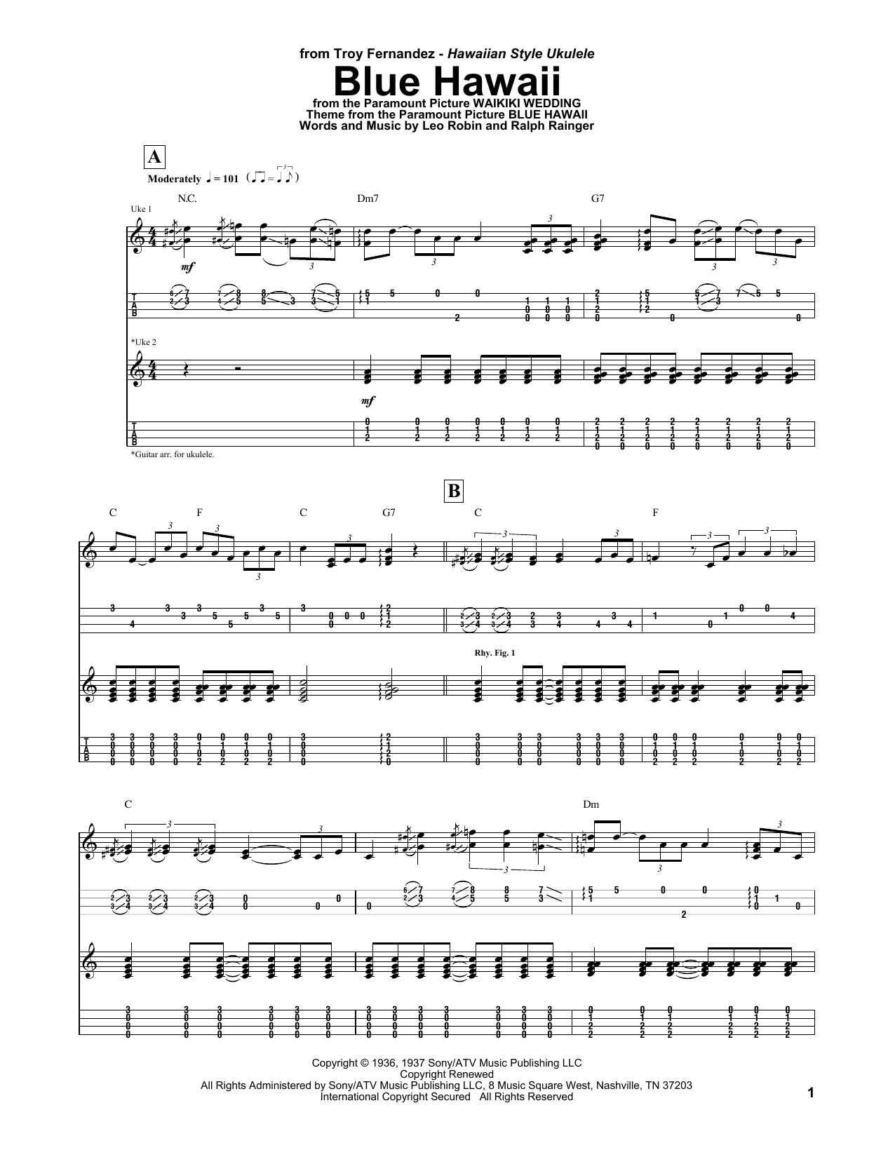Troy Fernandez Blue Hawaii sheet music notes and chords arranged for Ukulele Tab