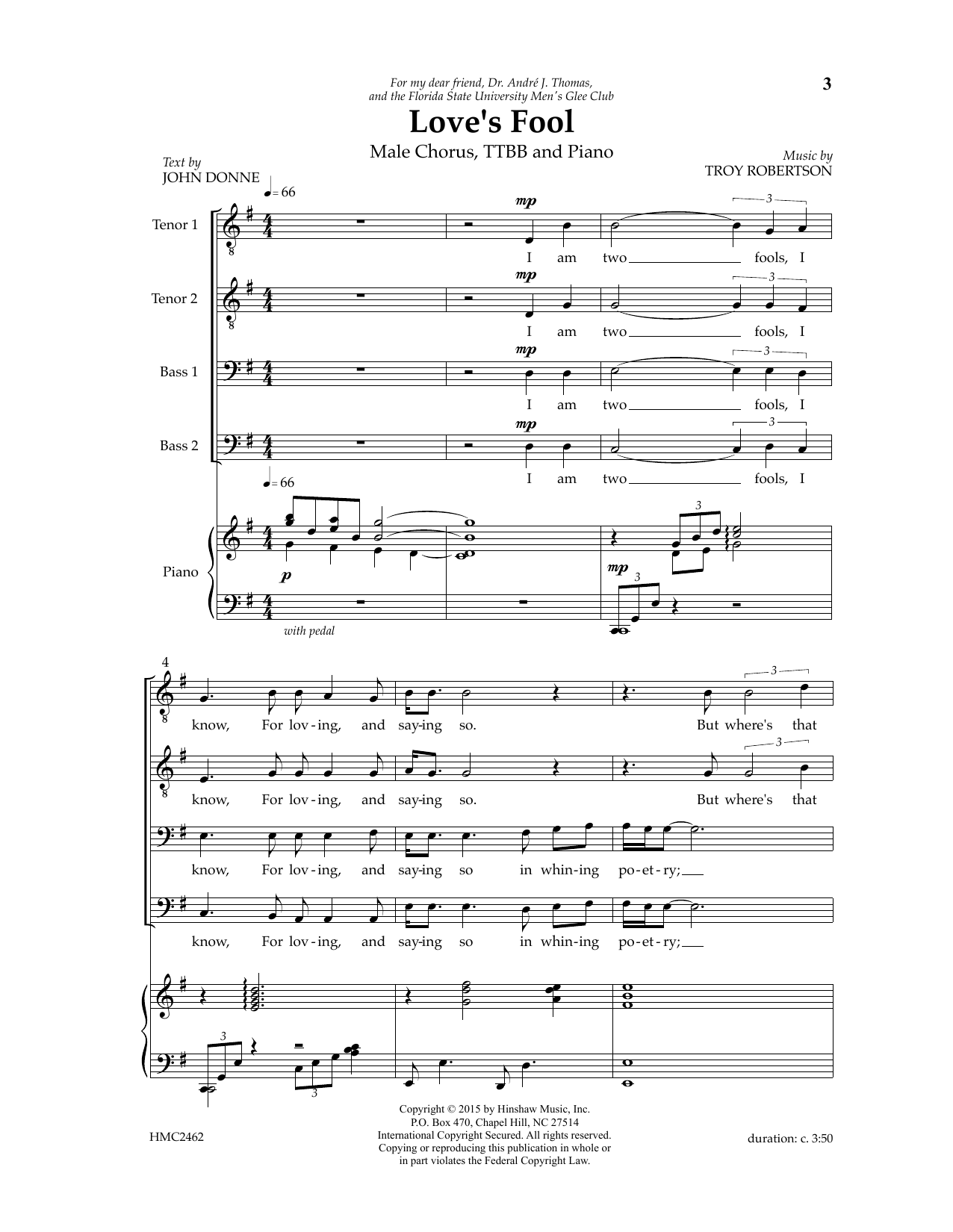 Troy Robertson Love's Fool sheet music notes and chords arranged for TTBB Choir