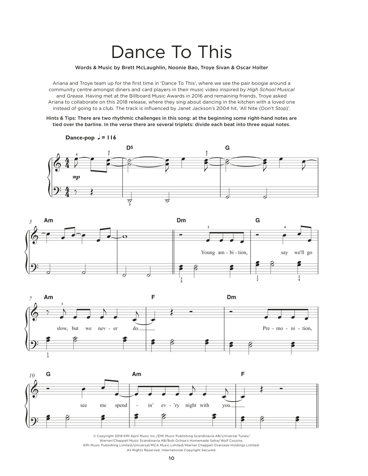 Troye Sivan Dance To This (feat. Ariana Grande) sheet music notes and chords arranged for Really Easy Piano