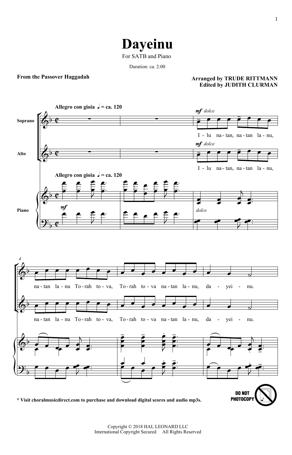 Trude Rittmann Dayeinu sheet music notes and chords arranged for SATB Choir