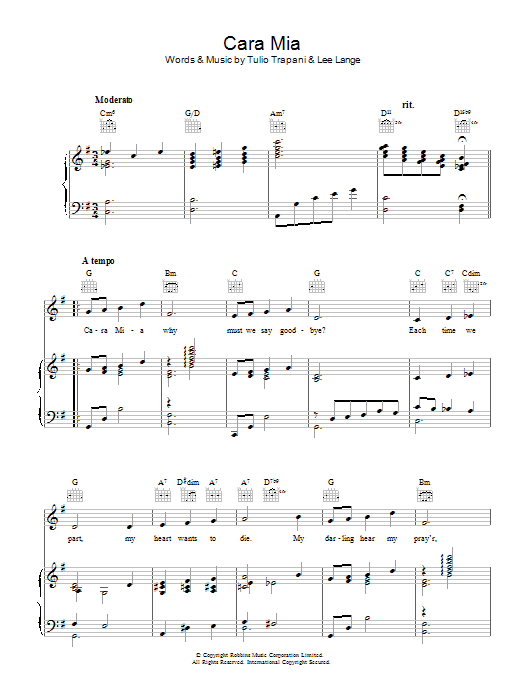 Tulio Trapani Cara Mia sheet music notes and chords arranged for Piano, Vocal & Guitar Chords