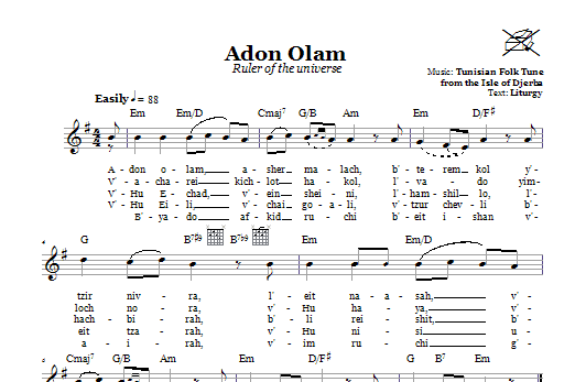 Tunisian Folk Tune Adon Olam (Ruler Of The Universe) sheet music notes and chords arranged for Lead Sheet / Fake Book