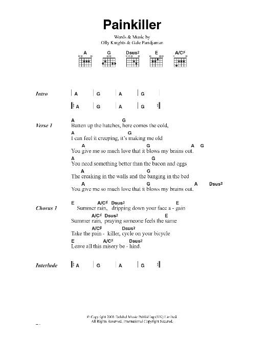 Turin Brakes Pain Killer sheet music notes and chords arranged for Guitar Chords/Lyrics