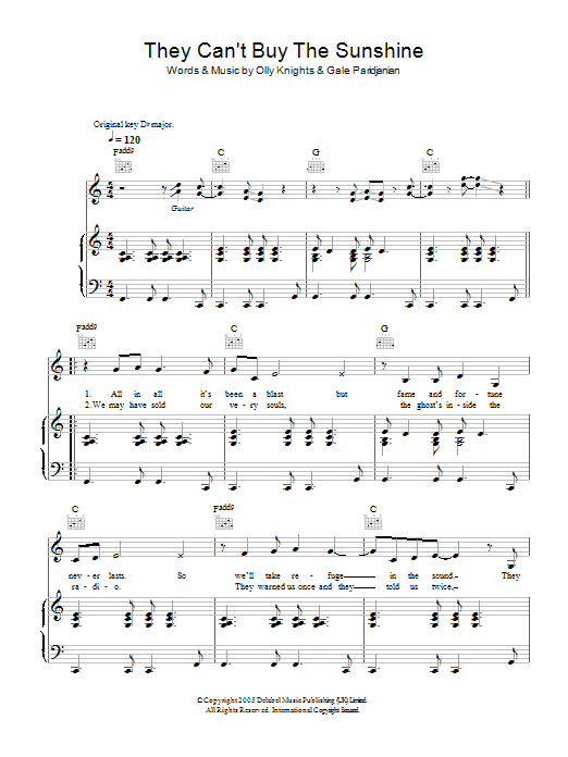 Turin Brakes They Can't Buy The Sunshine sheet music notes and chords arranged for Piano, Vocal & Guitar Chords