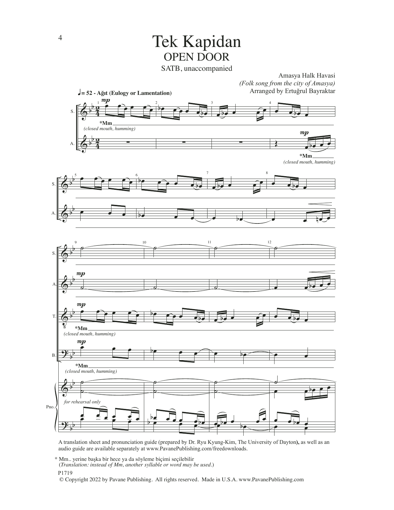 Turkish Folk Song Tek Kapidan (Only Door) (arr. Ertugrul Bayraktar) sheet music notes and chords arranged for SATB Choir