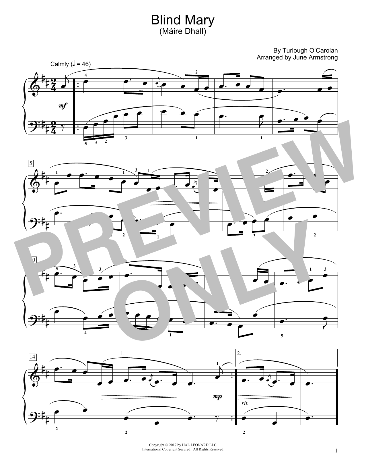 Turlough O'Carolan Blind Mary (Máire Dhall) (arr. June Armstrong) sheet music notes and chords arranged for Educational Piano