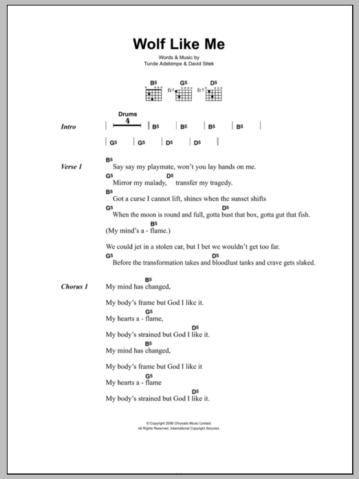 TV On The Radio Wolf Like Me sheet music notes and chords arranged for Guitar Chords/Lyrics