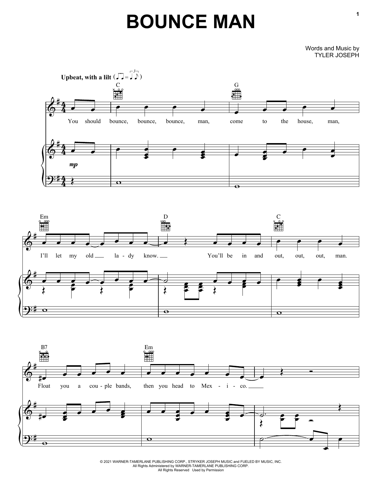 Twenty One Pilots Bounce Man sheet music notes and chords arranged for Piano, Vocal & Guitar Chords (Right-Hand Melody)