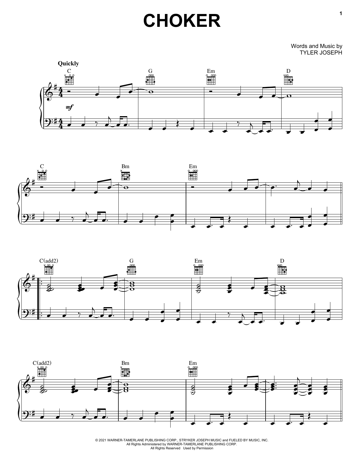 Twenty One Pilots Choker sheet music notes and chords arranged for Piano, Vocal & Guitar Chords (Right-Hand Melody)