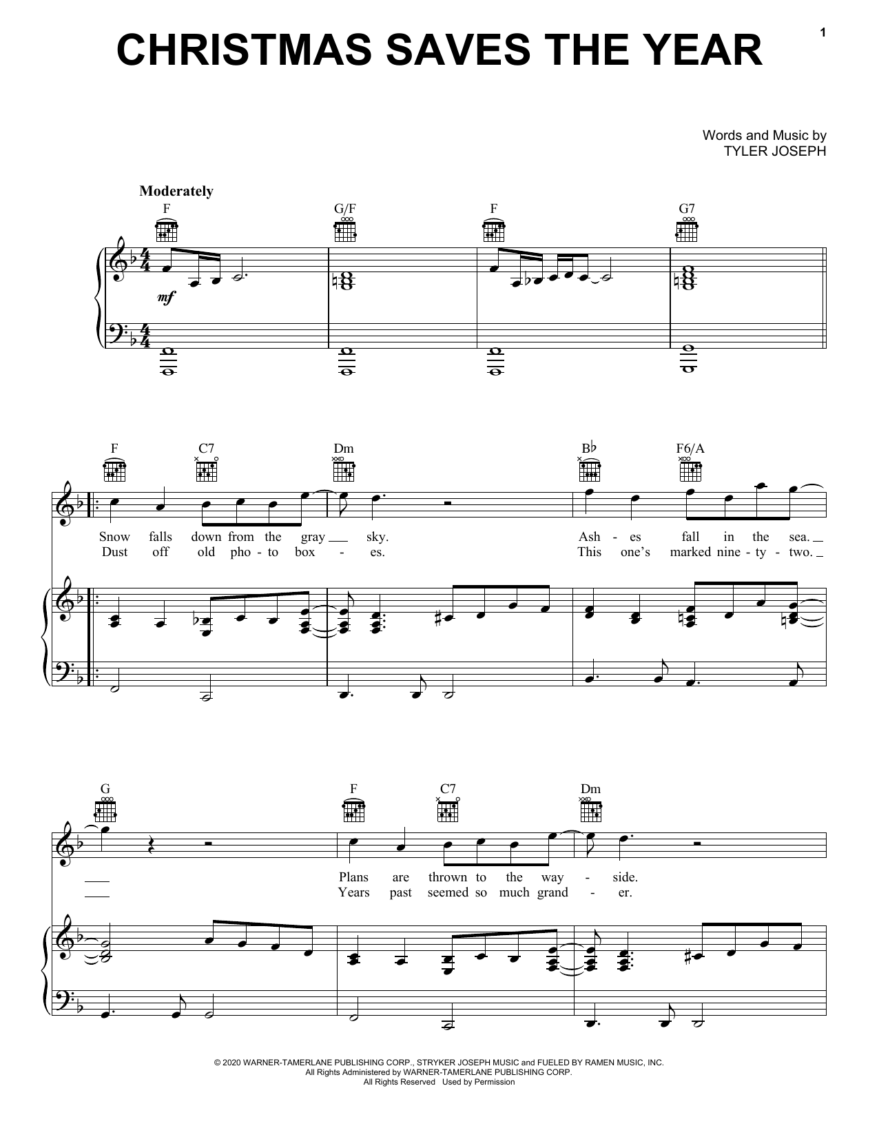 Twenty One Pilots Christmas Saves The Year sheet music notes and chords arranged for Piano, Vocal & Guitar Chords (Right-Hand Melody)
