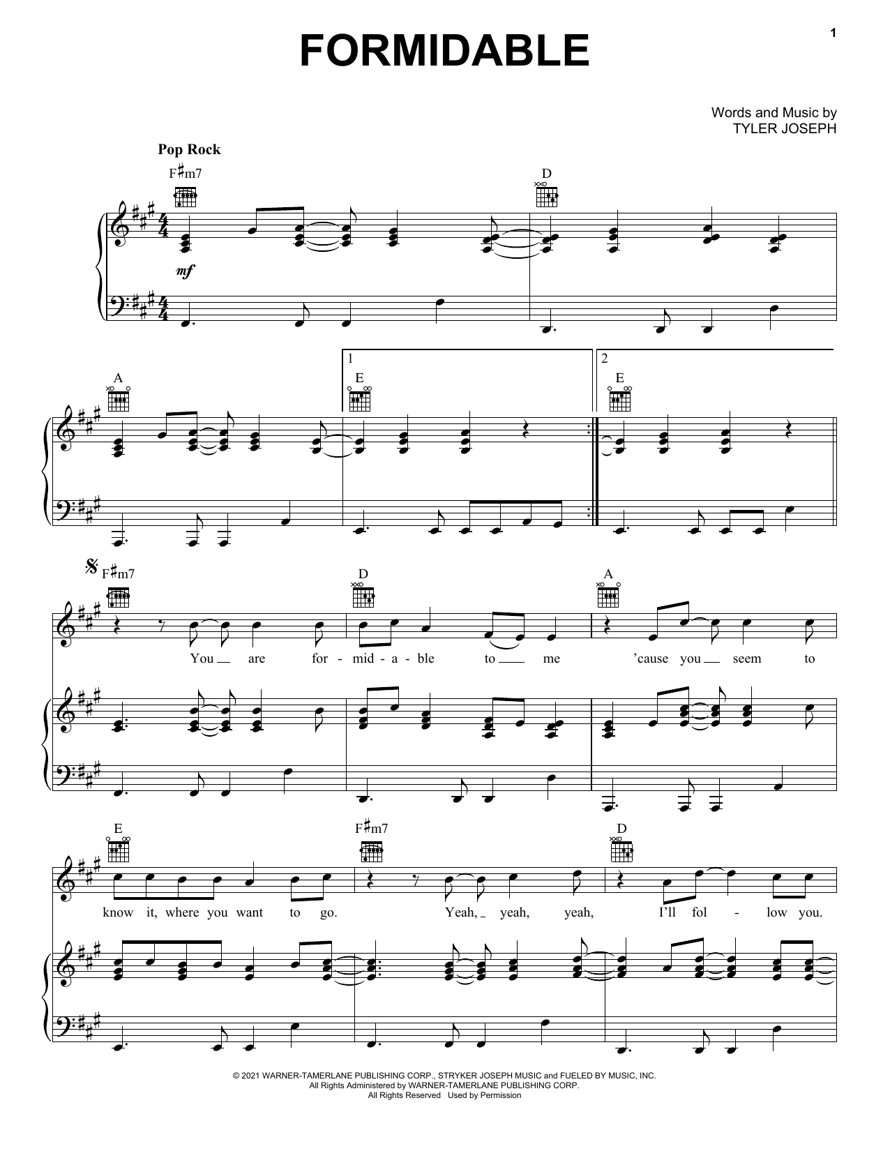 Twenty One Pilots Formidable sheet music notes and chords arranged for Piano, Vocal & Guitar Chords (Right-Hand Melody)