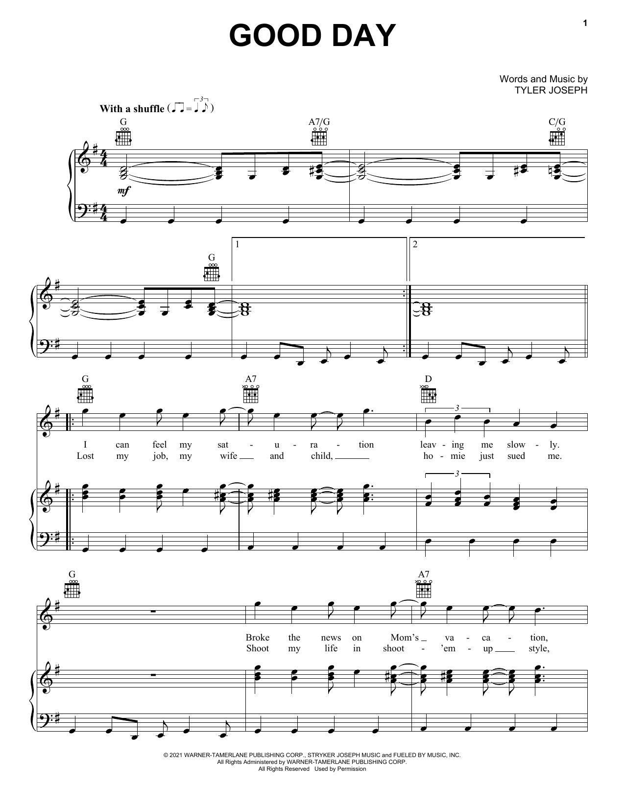 Twenty One Pilots Good Day sheet music notes and chords arranged for Piano, Vocal & Guitar Chords (Right-Hand Melody)