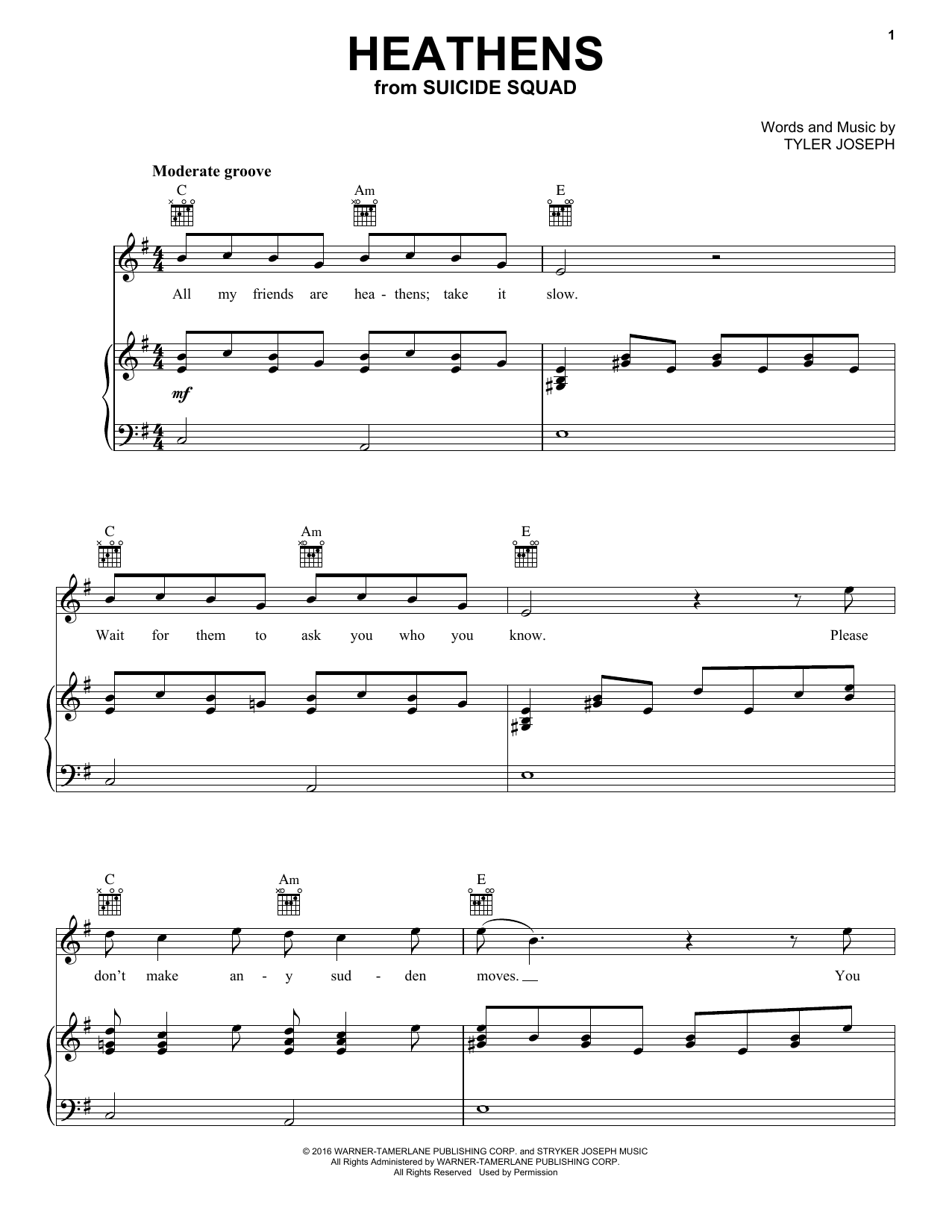 Twenty One Pilots Heathens sheet music notes and chords arranged for Violin Duet