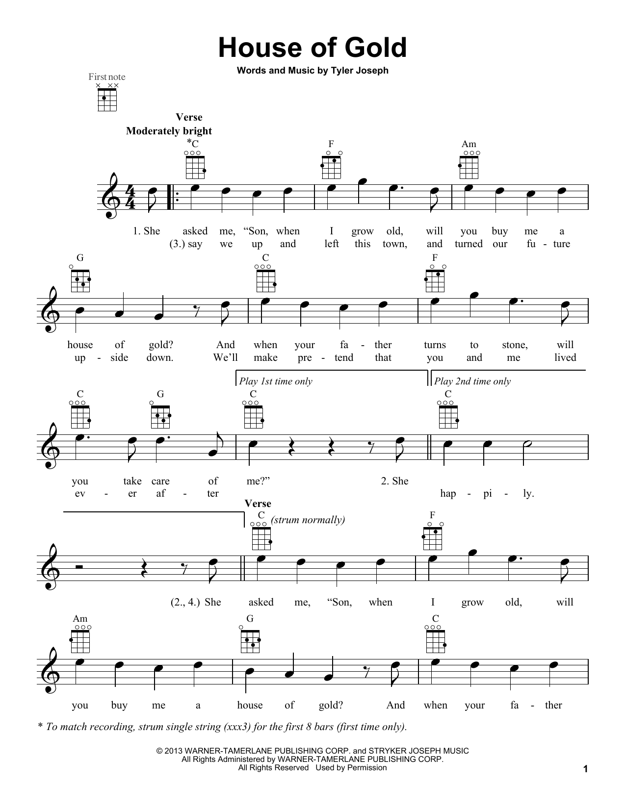 Twenty One Pilots House Of Gold sheet music notes and chords arranged for Really Easy Guitar