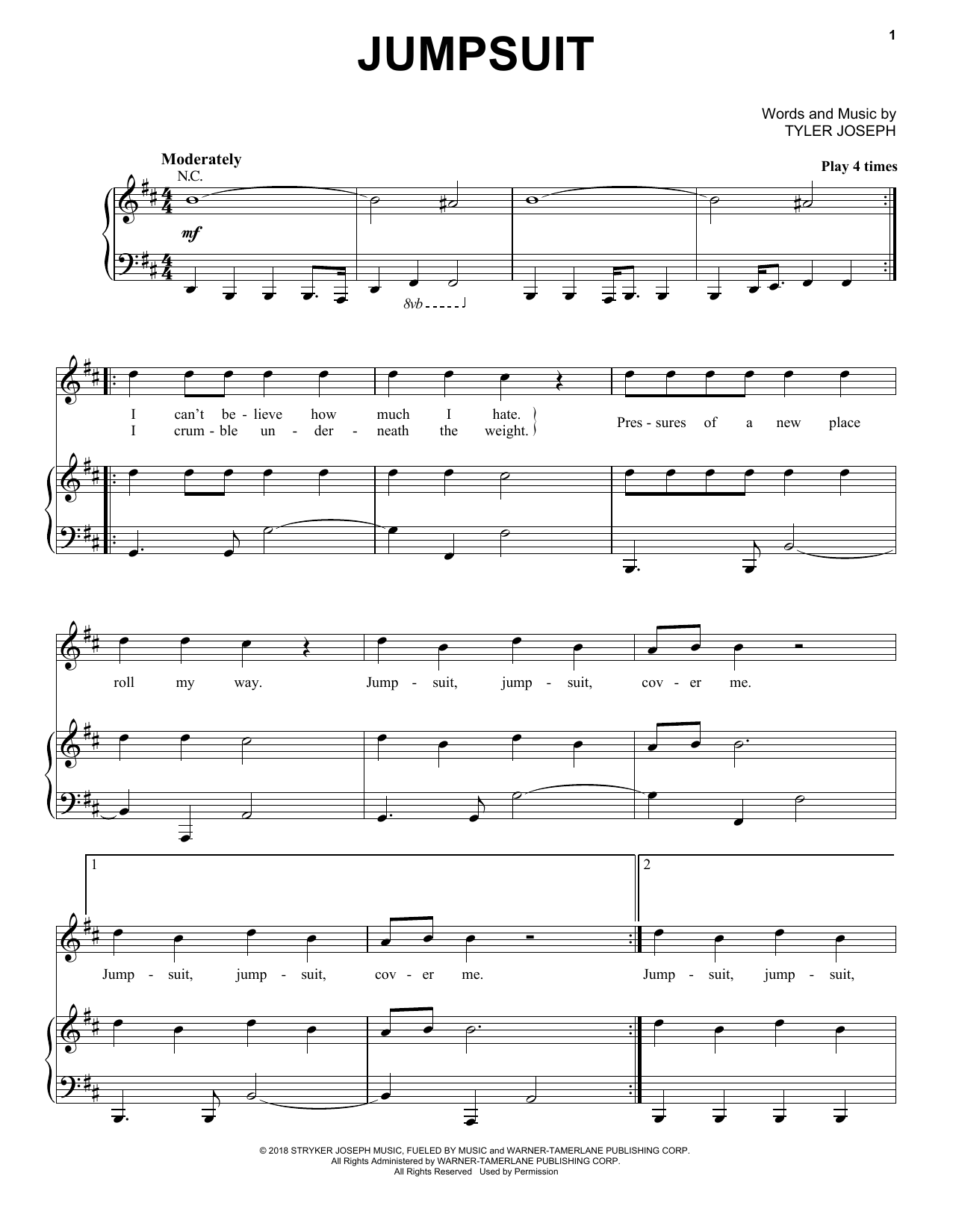 Twenty One Pilots Jumpsuit sheet music notes and chords arranged for Piano & Vocal